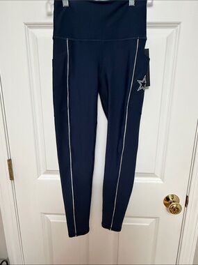 Navy Athletic Leggings with Side Star and Contrast Piping